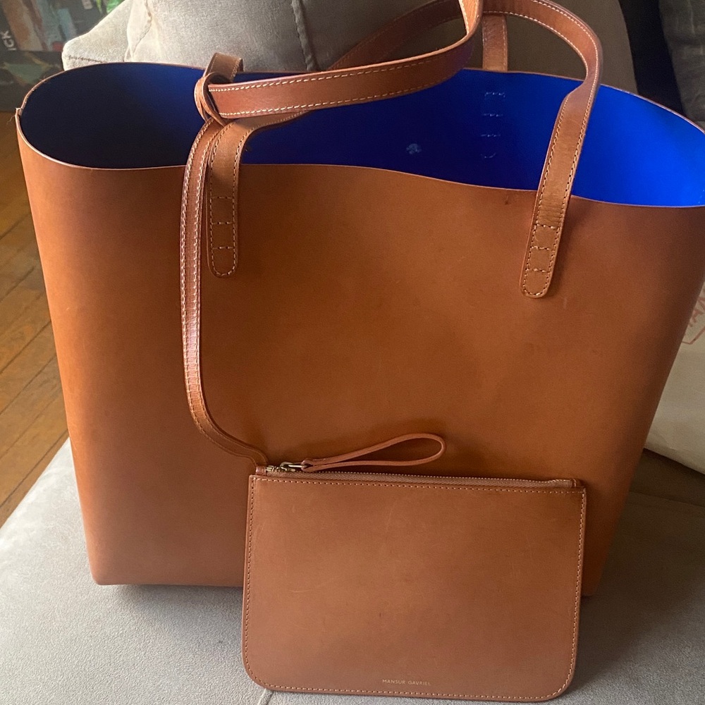 Mansur Gavriel Tan Tote with Vibrant Blue Interior - Picture 2 of 15
